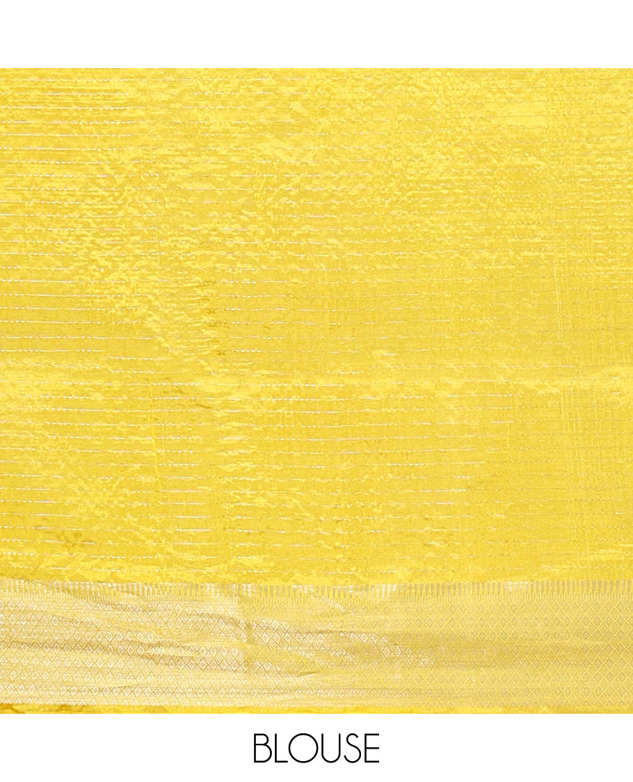 Yellow Banana Pith Saree, Subtly Sparkled with Zari Stripes All Over Its Body, Subtly Woven Border, Subtly Striped Pallu, and Paired with a Matching Blouse