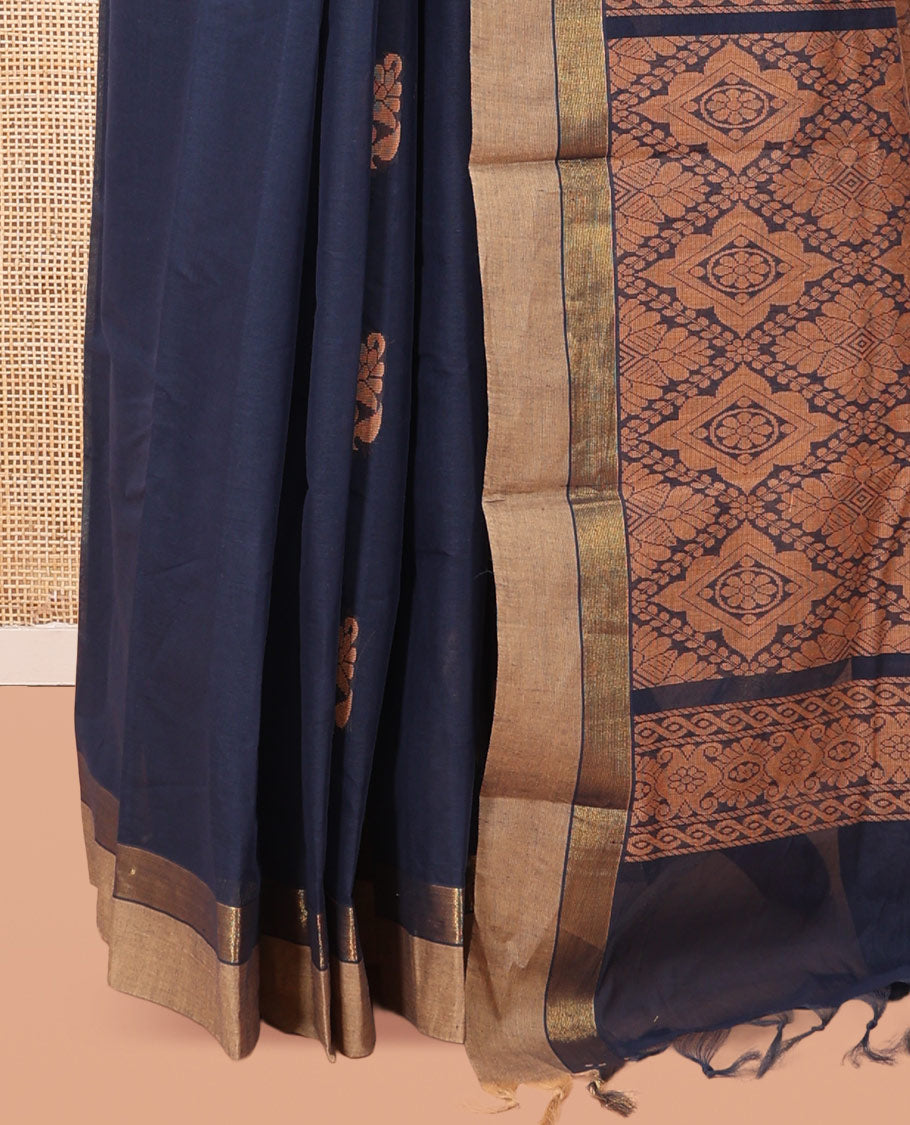 Navy Blue Kanchi Cotton Saree, Woven with Thread Buttas, a Contrast Border, Pallu of Intricate Design, and a Matching Blouse