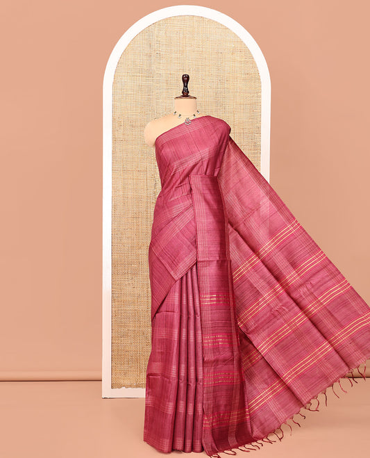 Borderless Red Tussar Silk Saree, Subtly Sparkled with Stripes, Self-Pallu of Stripes, and Matching Blouse