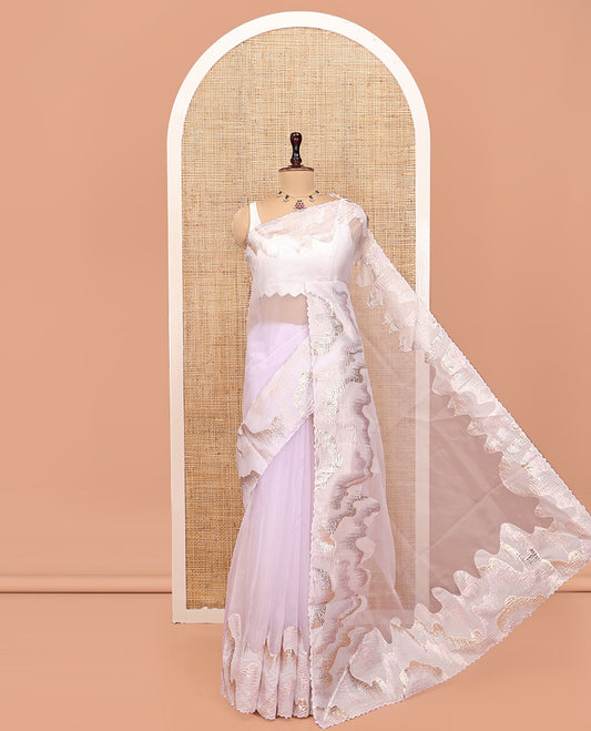 Pale Lavender Plain Organza Saree, Gleamed Up with Golden-Foil Floral Embroidery Border and a Matching Blouse