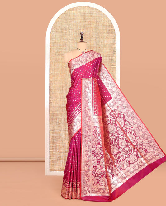 Pink Banarasi Nylon Saree, Steeped with Buttas, a Floral Creeper Zari Border, Intricate Pallu, and a Matching Blouse