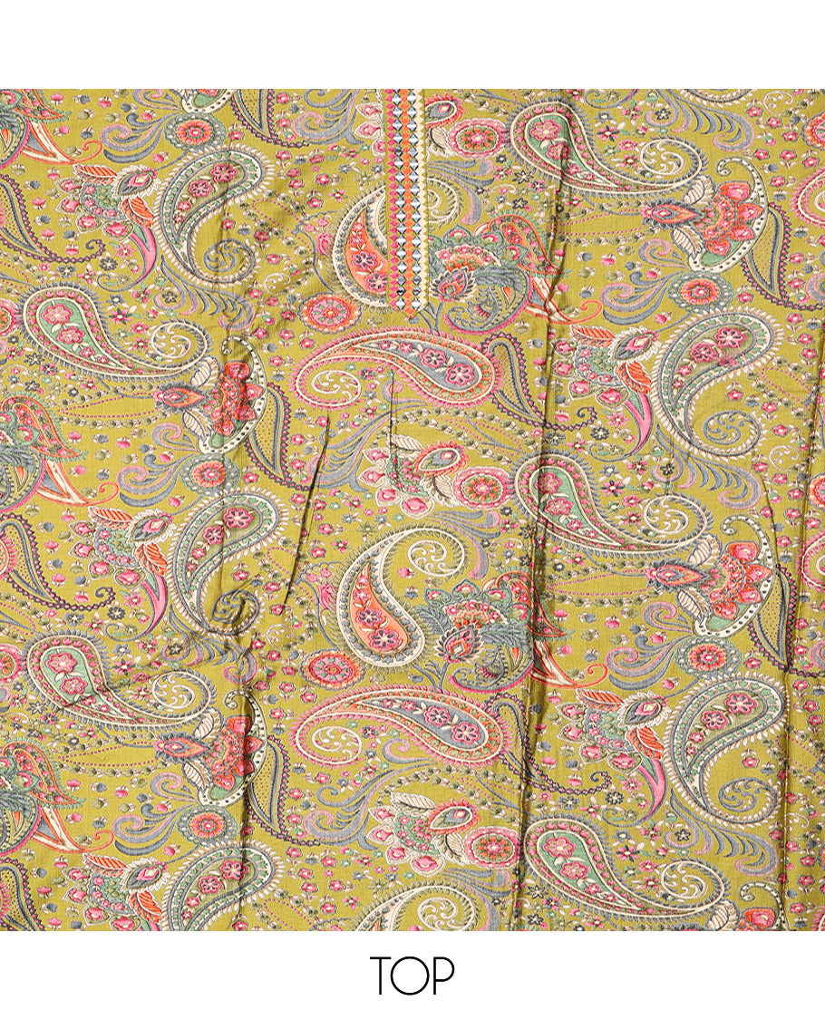 Green Material Chudidar Set, Intricately Designed with Paisley Print and Mirror Work on Its Top, a Contrast Plain Rayon Bottom, and Paired with a Sequins Embroidered Chanderi Silk Dupatta
