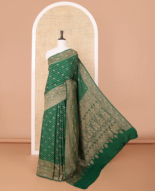 Green floral motifs banaras silk saree with self zari design border & intricate floral zari design pallu