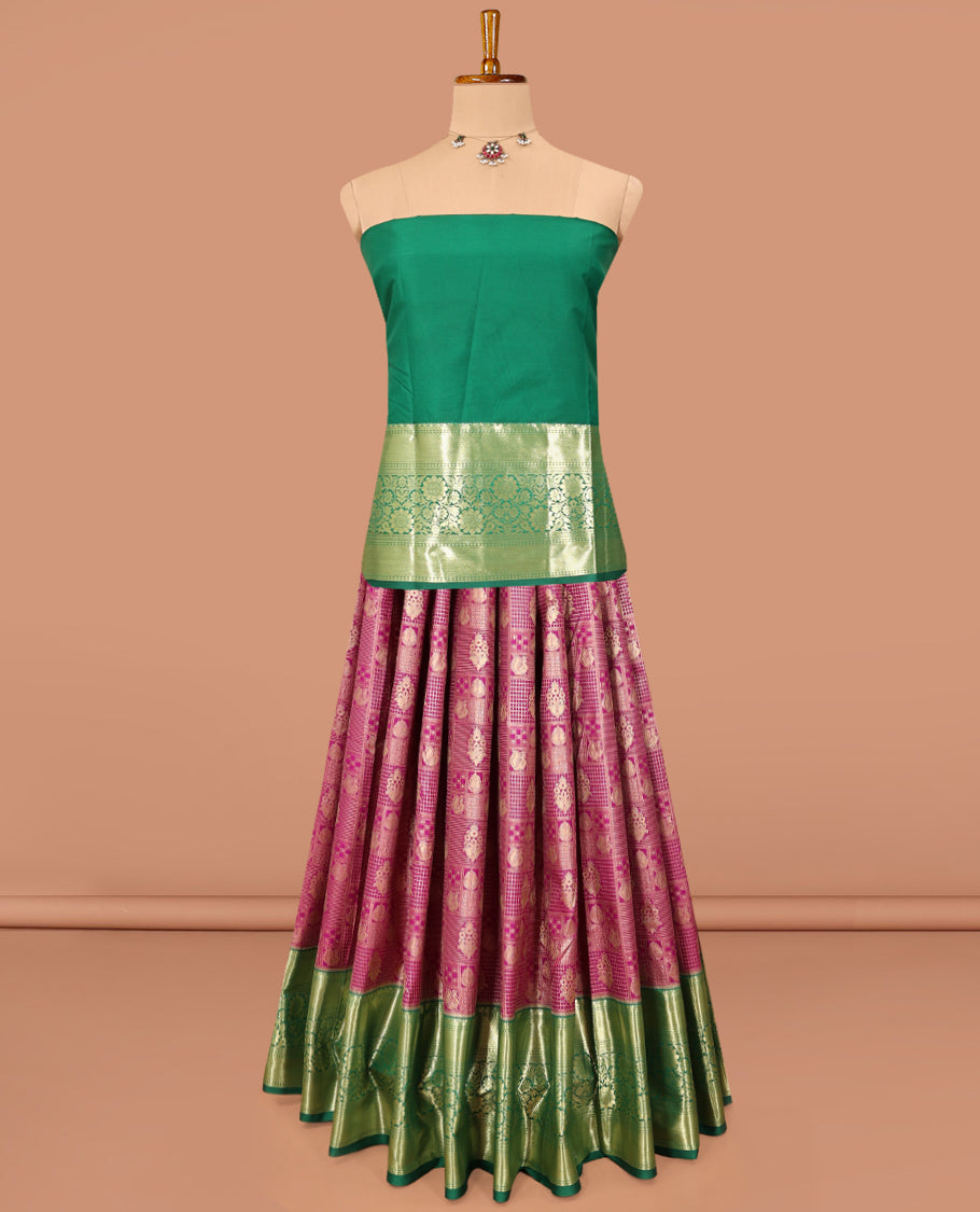 Purple Art Silk Material Half Saree Featuring Jacquard Skirt, a Contrast Traditional Zari Design Border, Contrast Blouse, and an Intricate Dhavani