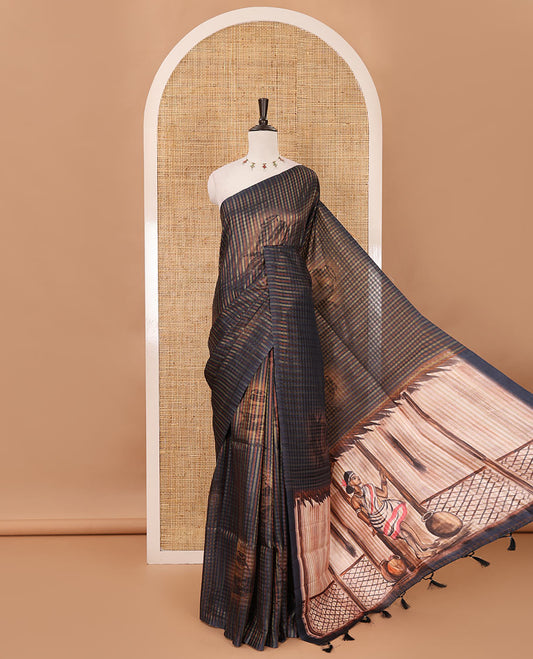 Borderless navy blue checked & clay pot motifs printed fancy tussar saree, contrast women with a pot printed pallu & pot printed blouse