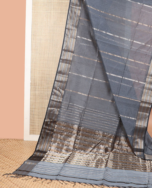 Grey striped maheshwari cotton saree with contrast zari design border & striped, floral design pallu