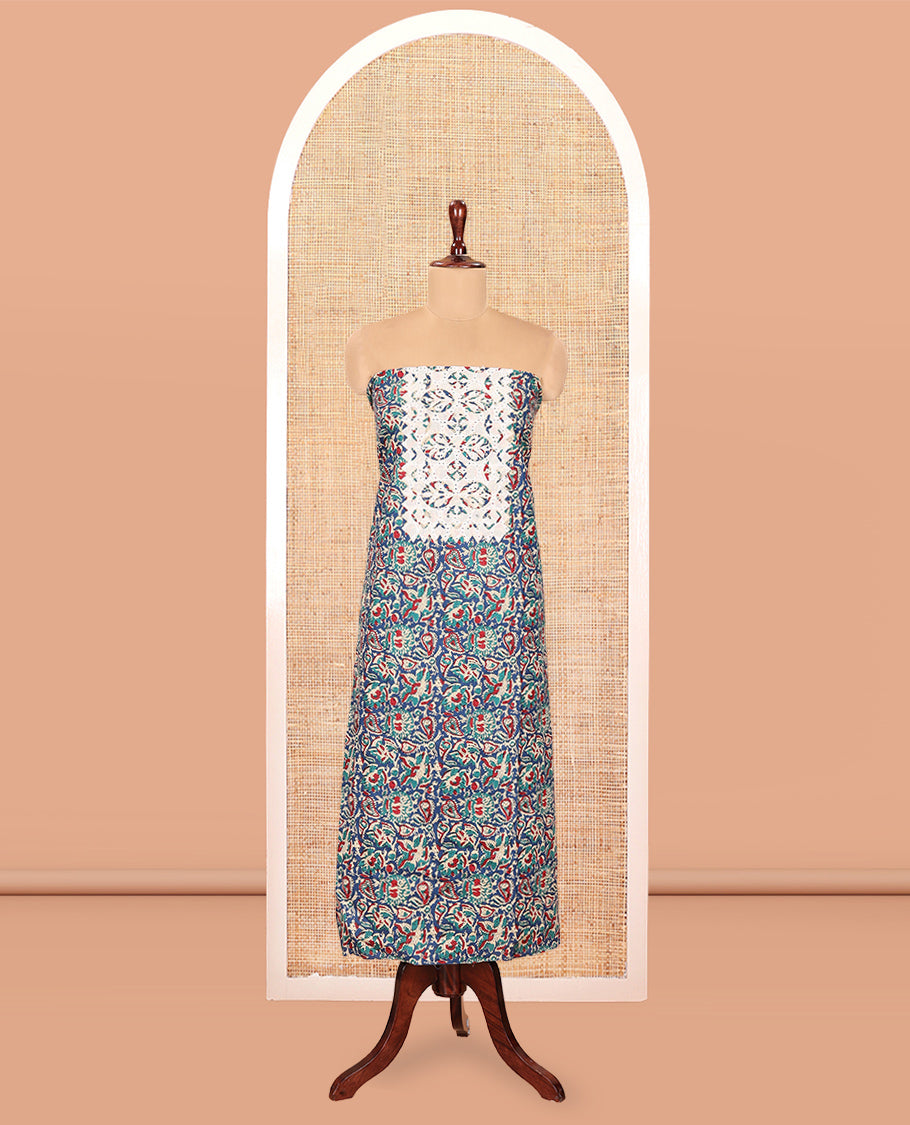 Blue Cotton Material Chudidar, Floral Printed Hakoba Top, a Contrast Bottom, Print-Hakoba Dupatta