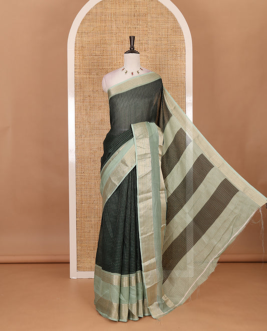 Green Checked saree with contrast zari border and contrast striped pallu along with contrast blouse