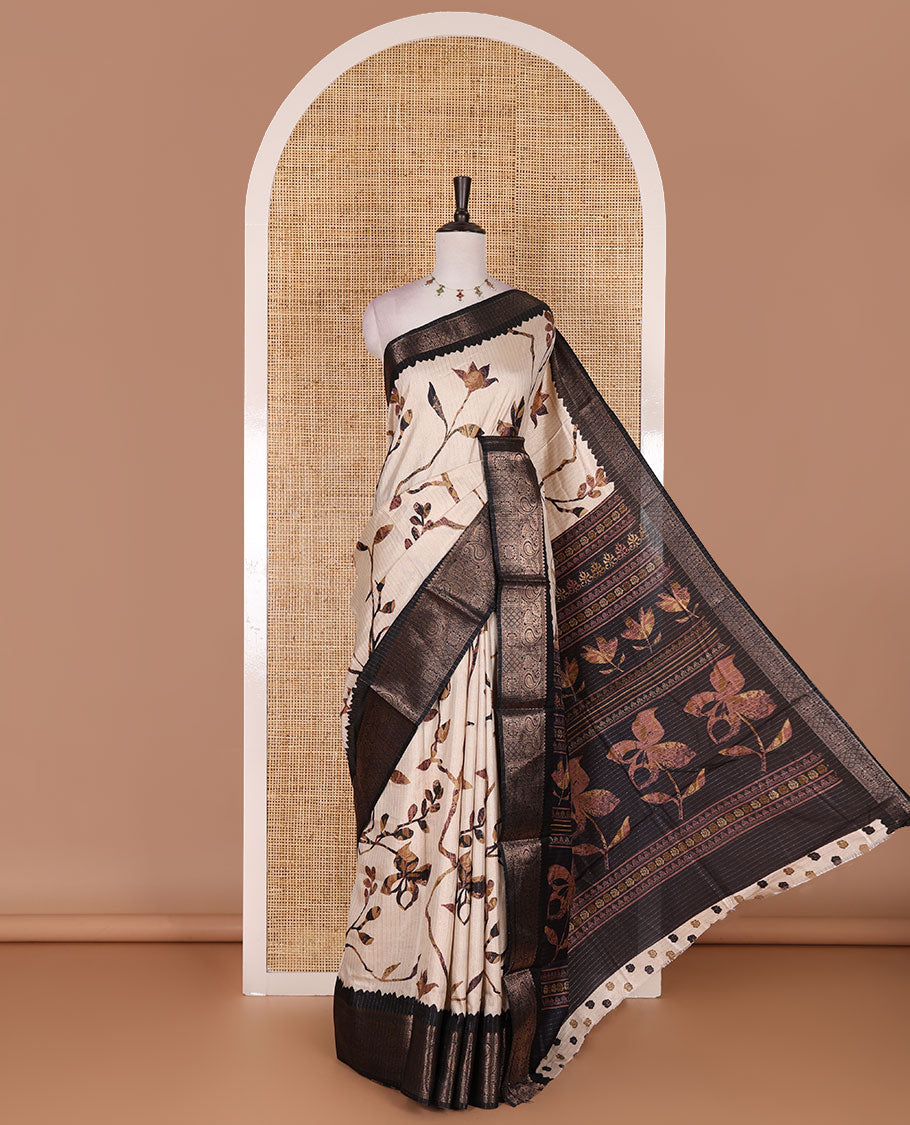 Chikku golden zari stripes, and floral vine printed dola silk saree, contrast traditional temple zari border, and floral printed pallu