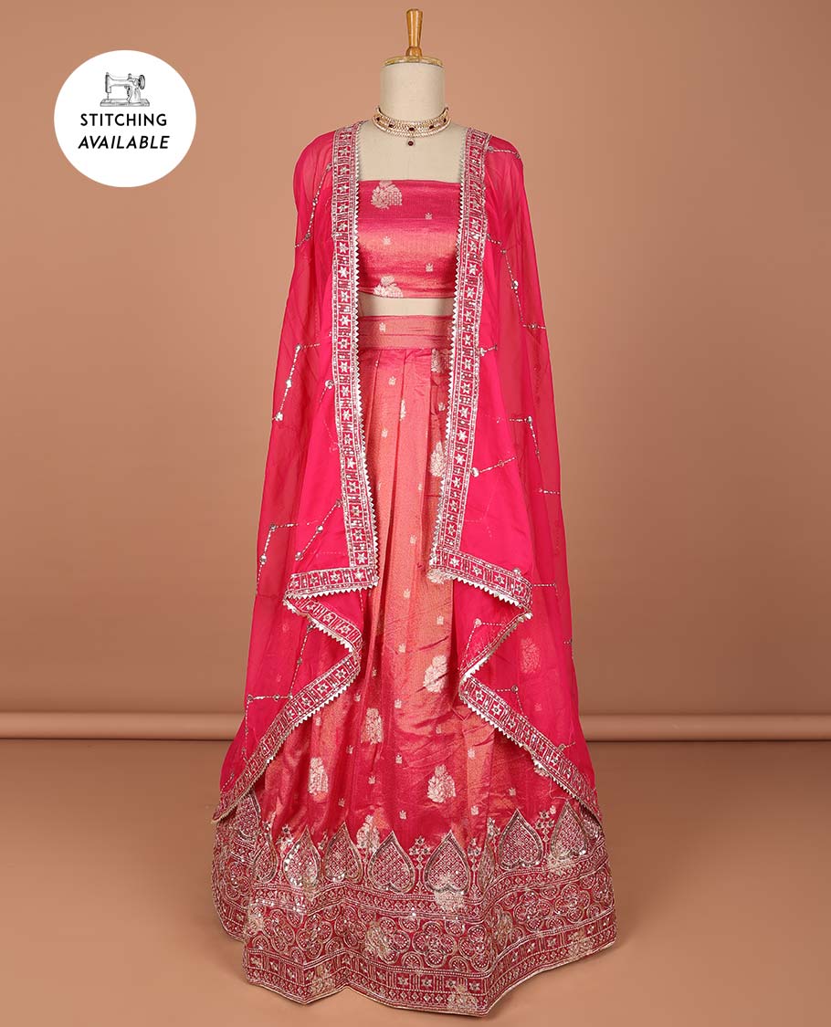 Brown floral stone embroidered half saree contrast stone embroidered border , zari design blouse & intricate stone embroidery dhavani