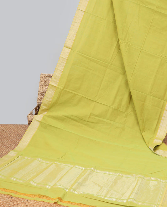Green mangalagiri cotton saree with self zari design border & striped pallu
