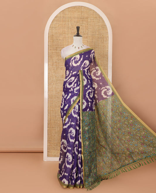 Violet shibori-style printed linen cotton saree, contrast zari piping border, kamlamkari floral printed pallu & contrast printed blouse