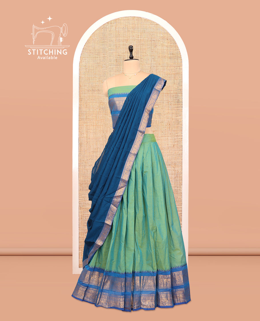 Aqua Cotton Half-Saree Features Plain Skirt, a Contrast Traditional Zari Temple Border, a Matching Blouse, and a Contrast Dhavani
