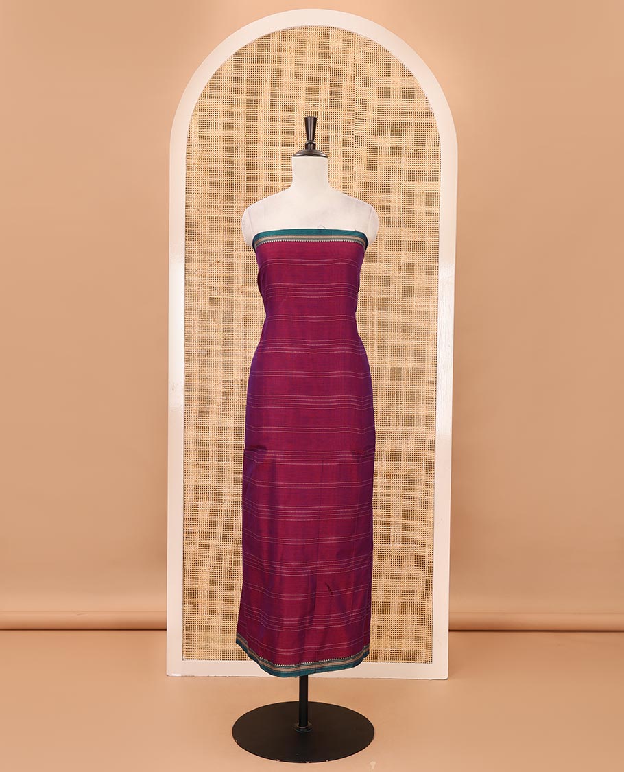 Magenta mercerized cotton material chudidar set,vertical striped contrast border top, matching threadwork bottom & traditional border matching dupatta