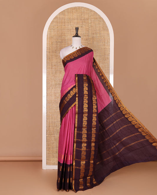 Pink plain sungudi cotton saree, contrast annam motifs, gold zari woven border, zari striped, and zari design contrast blouse