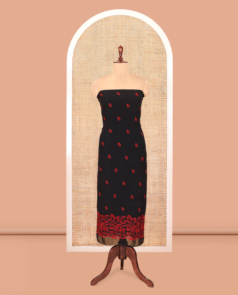 Black-Red Georgette Material Churidar Features Leaf Embroidered Top, a Plain Bottom, Thread Embroidered Dupatta