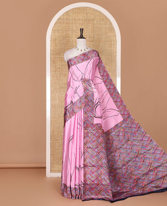Pink abstract style geometric printed Turkey crepe saree, contrast border, and pallu of abstract textured print