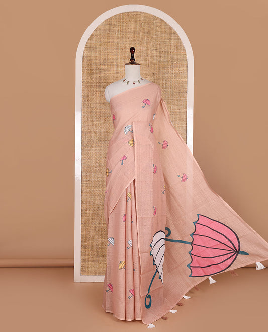 Borderless peach umbrella motifs printed linen cotton saree, self-pallu of big umbrella motifs and contrast blouse