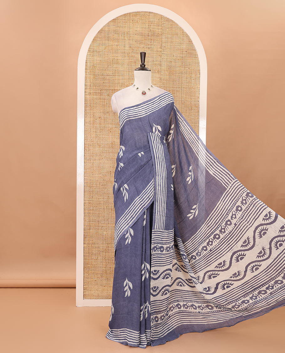 Grey leaf batik printed georgette saree, batik-printed striped border, floral-geometric batik printed pallu & batik printed blouse
