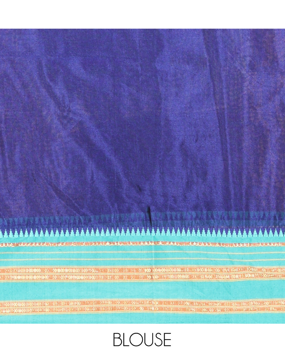Royal Blue Plain Mercerised Cotton Saree, Contrast Traditional Thread Temple Border, Striped Pallu, and a Matching Blouse