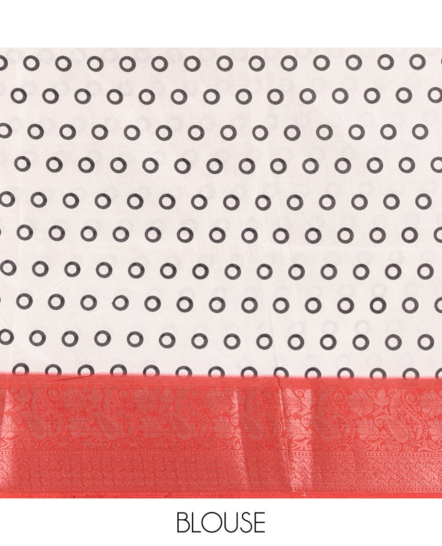 Half white kalamkari-style ancient human motifs printed dola saree with a contrast traditional zari design border, kalamkari printed pallu, and a matching blouse