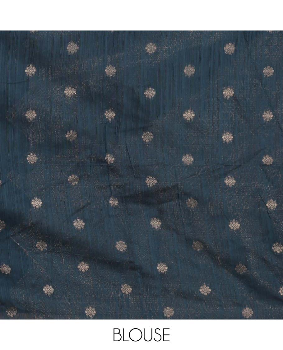 Borderless blue floral bouquet-shaped buttas Banarasi jute silksaree, zari-rich intricate pallu & matching zari butta blouse