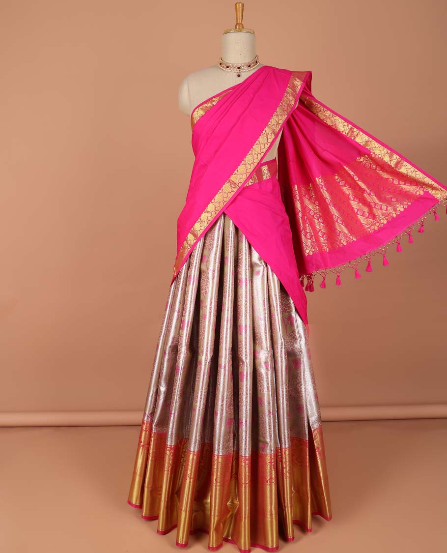 Sandal floral vine design art-silk half saree, contrast traditional zari border,zari design blouse & striped geometric dhavani