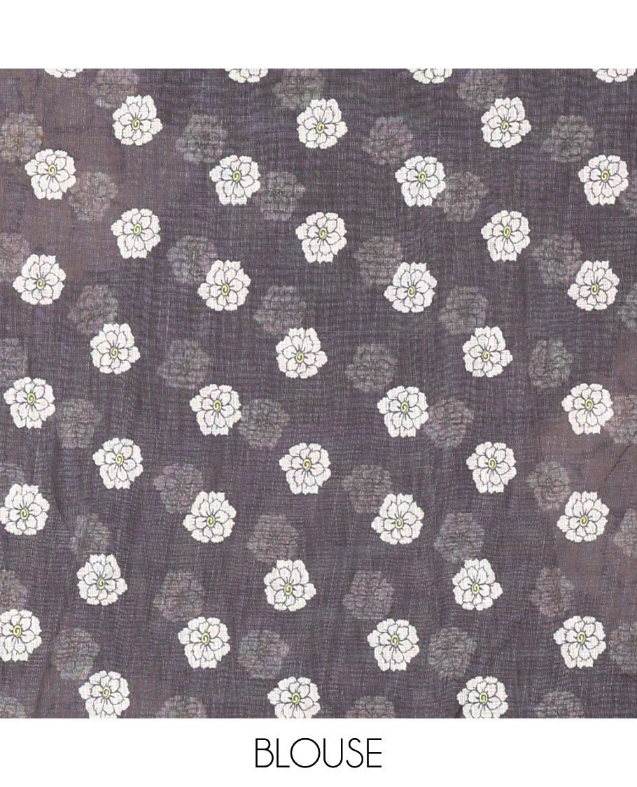 Black Linen Cotton Saree, Beautified with Flower Motifs Printed on Its Body, Subtle Piping Border, Self-Printed Pallu, and Paired with a Matching Blouse