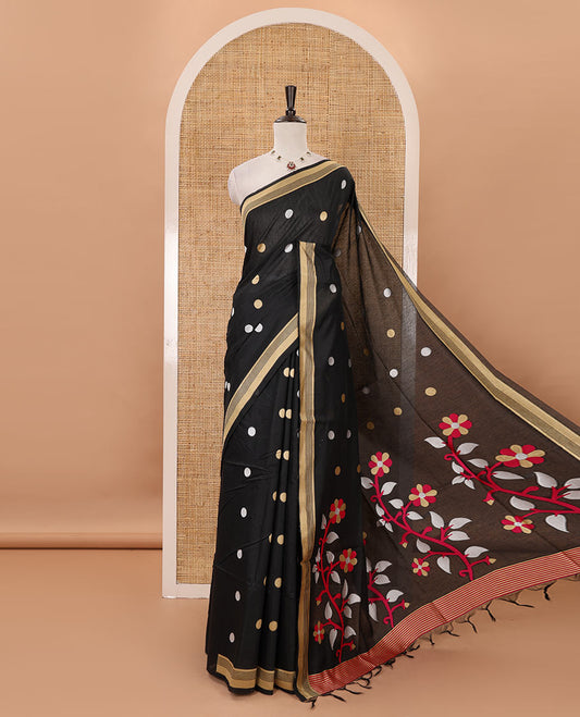 Black-base thread coin buttas mercerized cotton saree, piping border, jamdani-style floral motifs pallu  & matching blouse of coin buttas