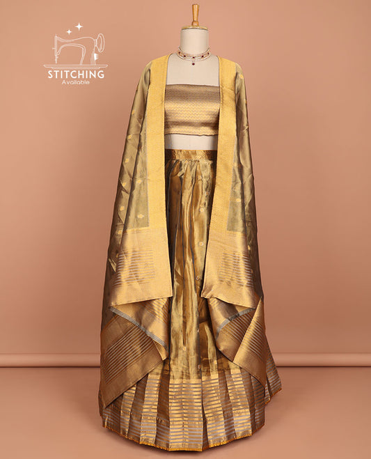 Brown buttas  half saree with contrast striped border,  zari design blouse & butta , striped zari design dhavani