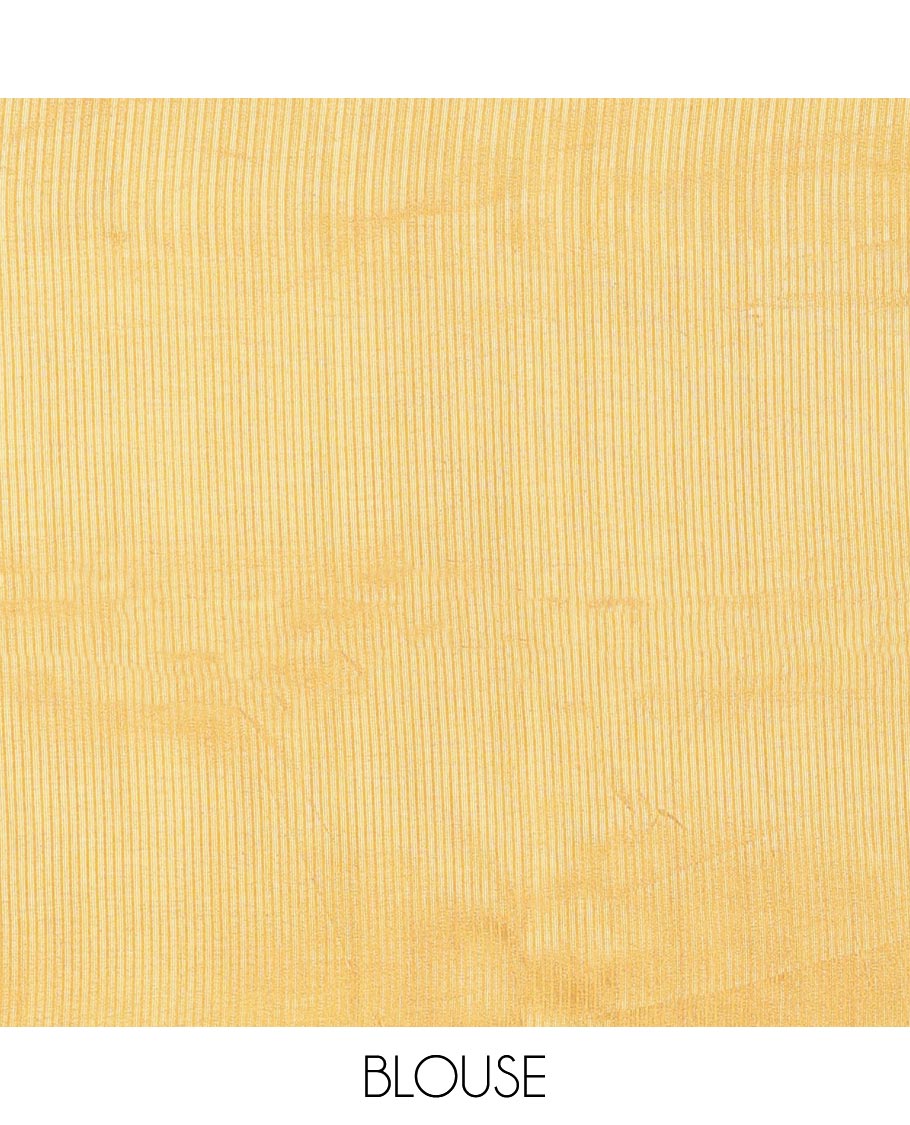 Yellow Striped Semi-Tussar Silk Saree, Adorned with Vertical Zari Stripes on Its Body, Subtle Zari Border, a Subtle Pallu, and Paired with a Contrast Striped Blouse