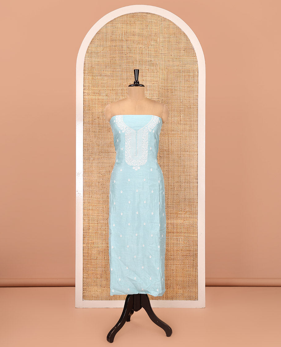 Sky Blue Material Chudidar Set, Delicately Woven with Thread Embroidered Motifs Woven on Mul Chanderi Top, a Mul Chanderi Bottom, Paired with Thread-Embroidered Mul Chanderi Scallop-Bordered Dupatta