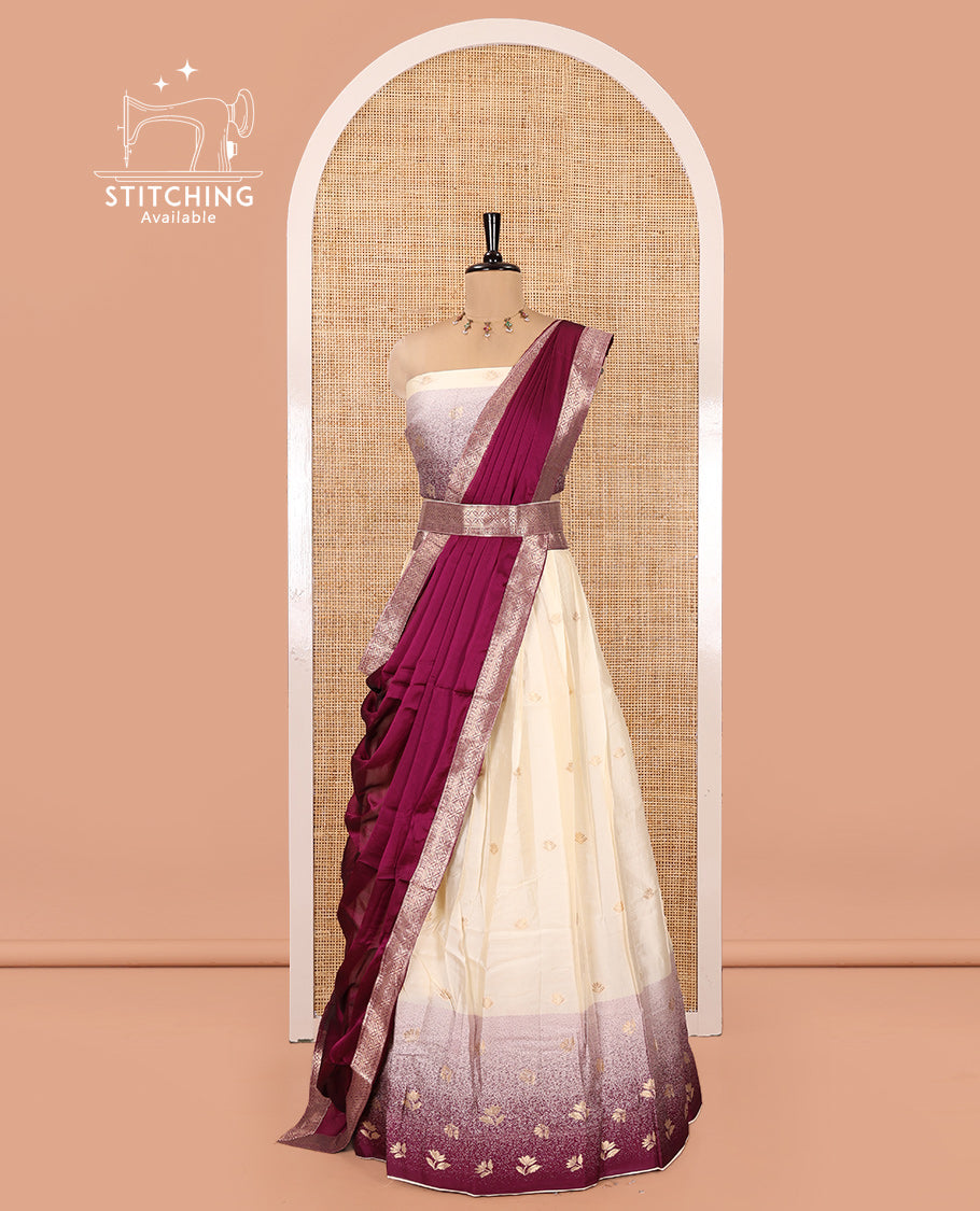 Cream-Wine Semi-Silk Half-Saree Featuring Buttas Skirt, Contrast Floral Border, Matching Blouse, Contrast Syska Georgette Dhavani