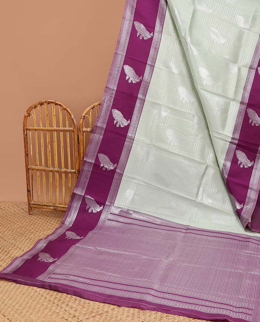 Beige checked, floraldesign litchi silk saree with contrast zari design border & floral zari design pallu