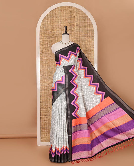 Metallic grey checked katan silk saree, contrast black-pink temple border, multi-color blocked pallu & stripes printed blouse