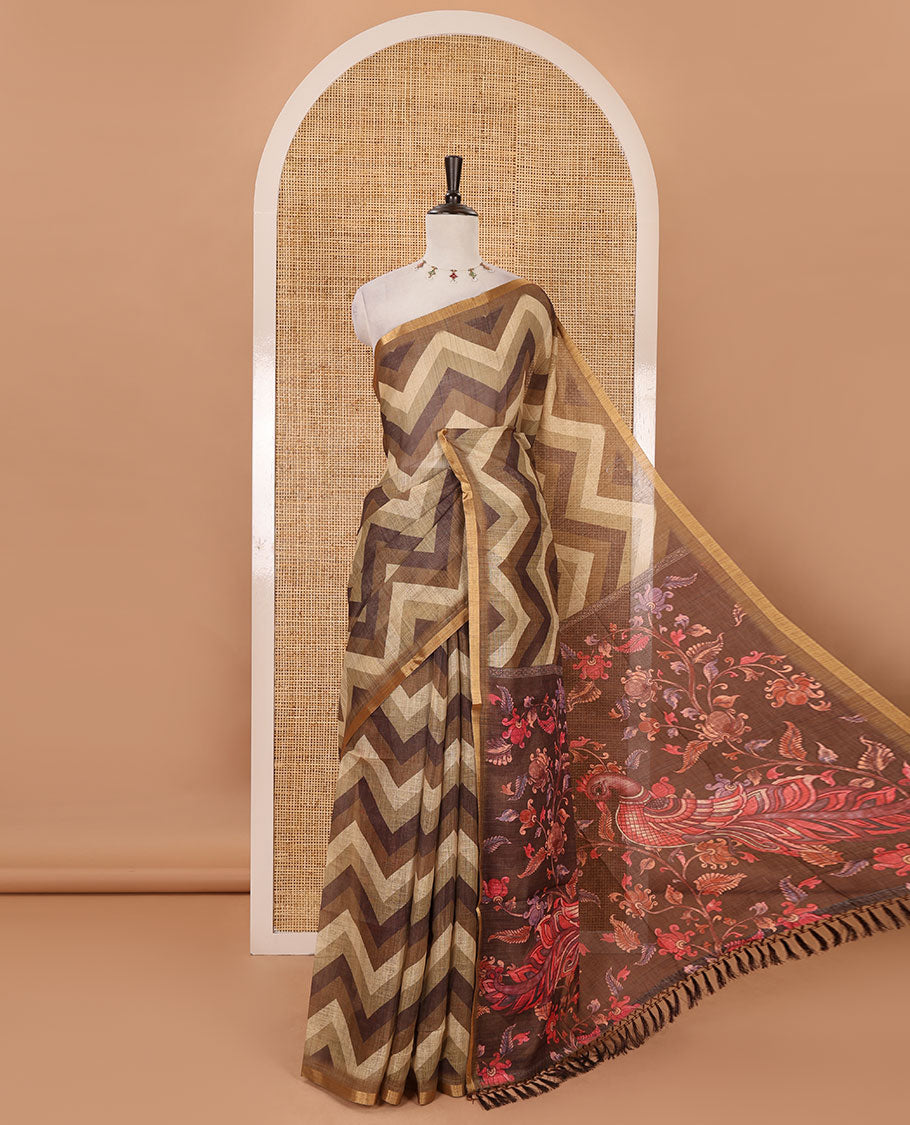 Brown zig-zag stripes printed linen cotton saree, piping zari border, kalamkari floral-peacock printed pallu & contrast printed blouse