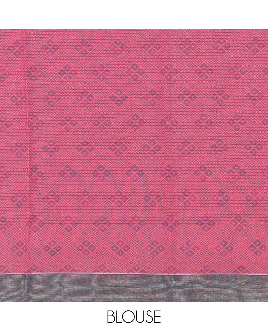 Red Semi-Silk Cotton Saree, Accentuated with Stripes and Buttas All Over Its Body, Complemented by Contrast Border, Pallu of Intricate Designs, and Paired with a Matching Blouse