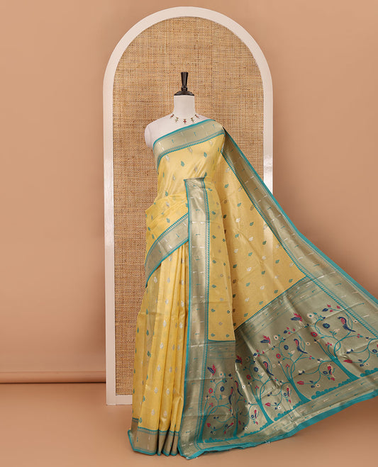 Lemon yellow zari & thread buttas woven tissue silk saree, contrast muniya temple border, paithani-style design pallu & contrast zari buttas blouse