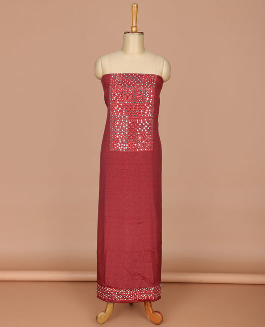 maroon self print , mirror work crepe chudidhar material top with americam crepe pants & self print, mirror work, lace border dupatta