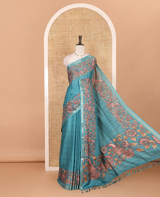 Rama green full-plain katan silk saree, double-side kalamkari floral vine and bird printed temple zari border and matching floral vine printed blouse