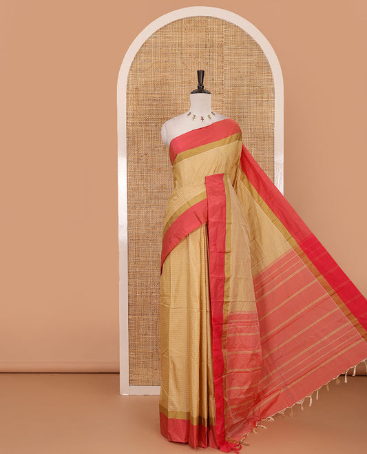 Light Chikku plus thread buttas semi-soft saree, contrast zari satin border, striped pallu & contrast plain blouse