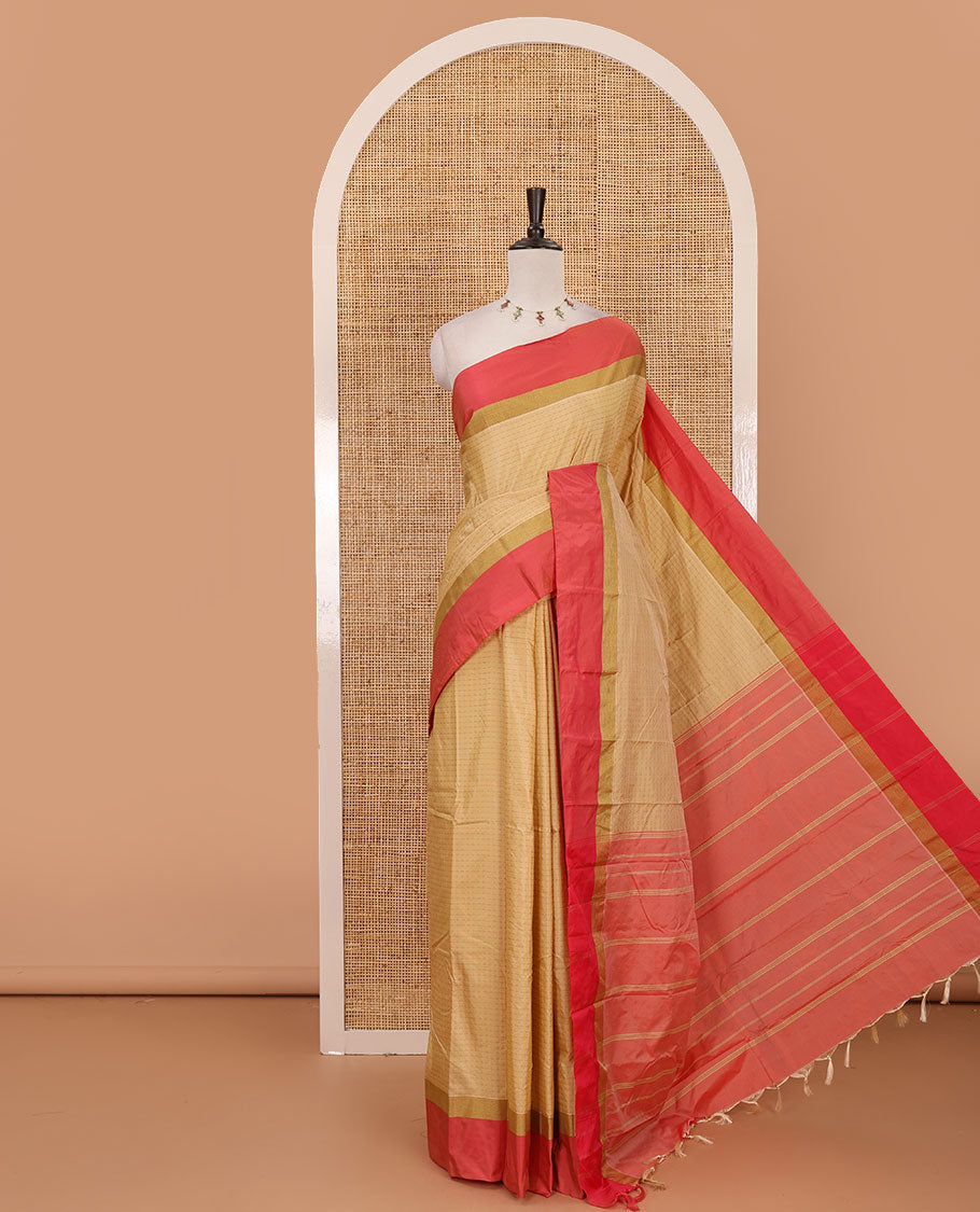 Light Chikku plus thread buttas semi-soft saree, contrast zari satin border, striped pallu & contrast plain blouse