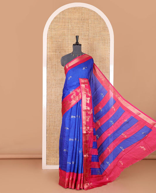 Royal blue deer copper zari buttas dola silk saree, contrast chevron and deer motifs zari border, deer motifs pallu, and contrast deer motifs blouse