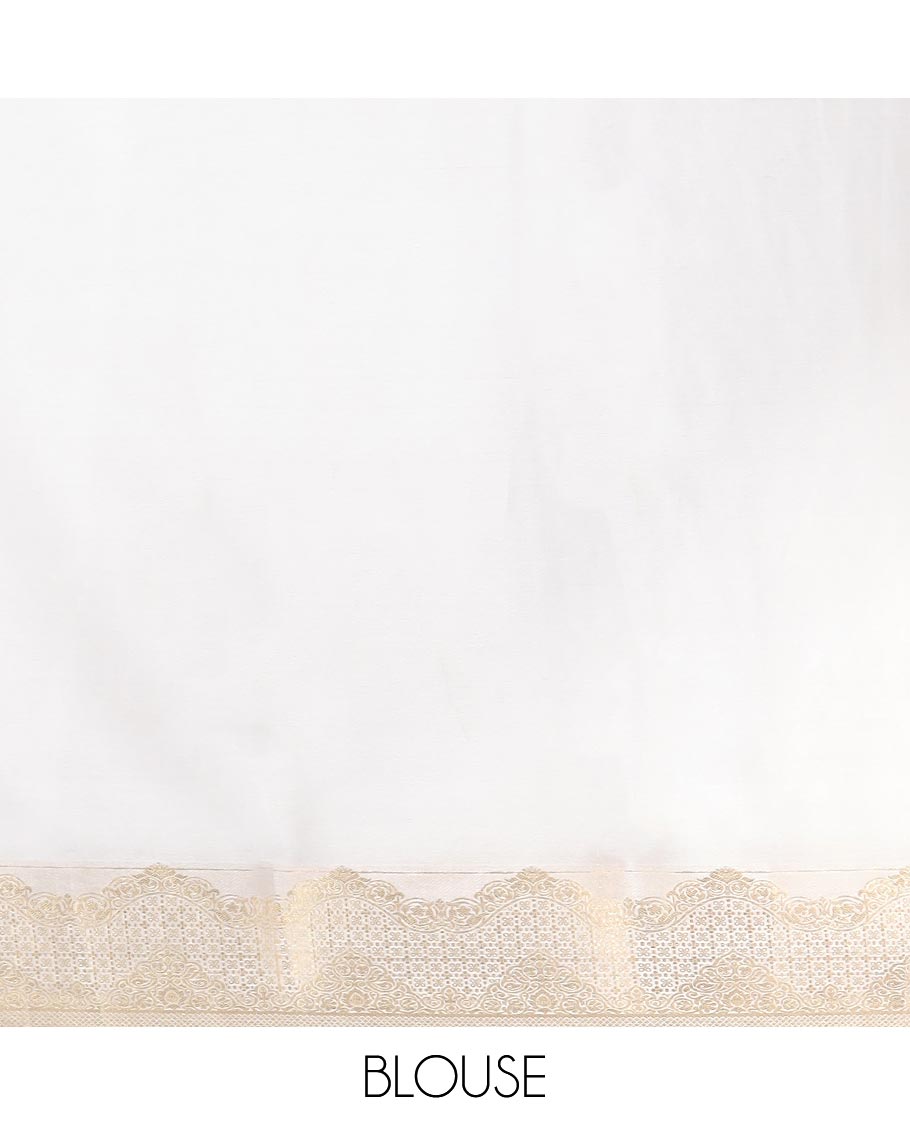Cream striped mysore silk saree with self zari checked border & intricate zari design pallu