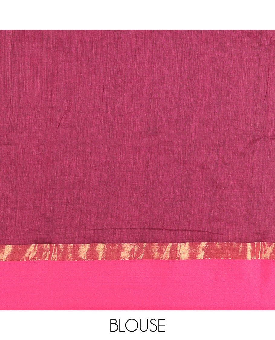 Purple  Plain Khadi Mul Cotton Saree, Complemented by a Contrast Pink Zari Border, Plain Pallu, and Paired with a Matching Blouse