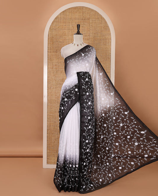 White-black color 2D-style print & floral vine chikankari embroidered kota check saree, lace border & plain blouse