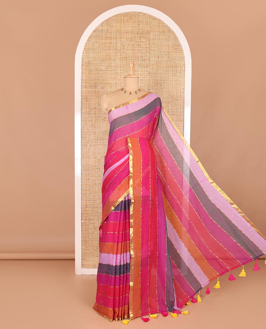 Wine rainbow-style striped Khadi mul cotton saree with piping zari border, and a matching zari striped blouse