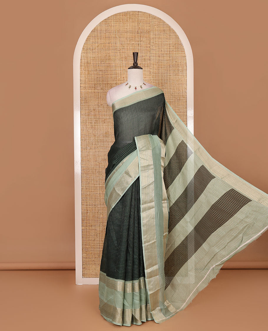 Green zari checked moss milan saree, contrast traditional zari rettai pettu border, striped pallu, and contrast blouse