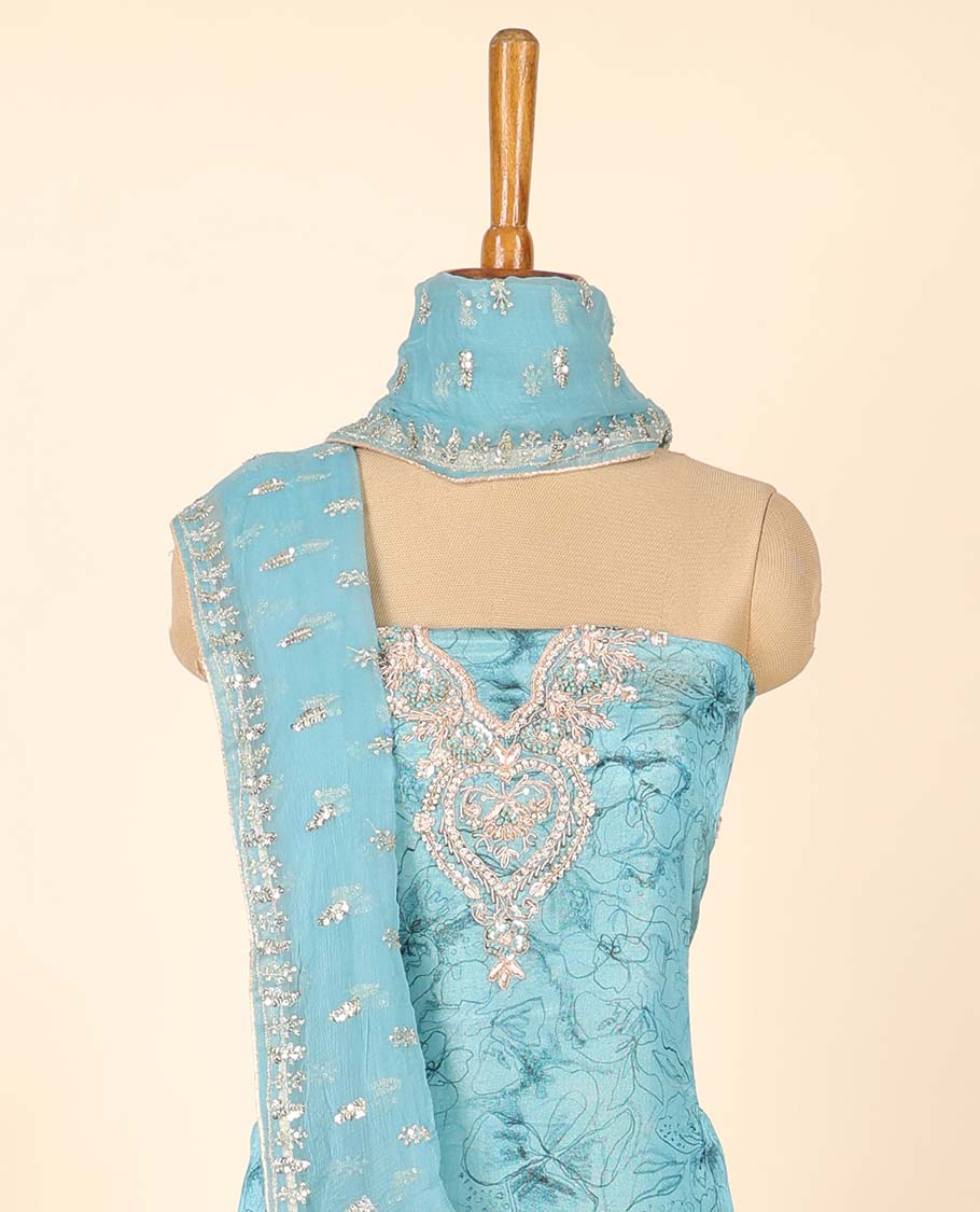 Blue material chudidhar set, floral print & embroidered top, plain bottom & embroidered dupatta