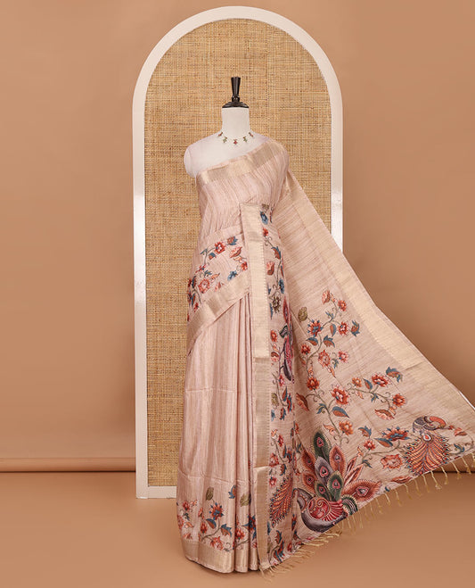 Chikku kalamkari-style floral & peacock printed katan silk saree, traditional zari border, striped pallu & matching blouse